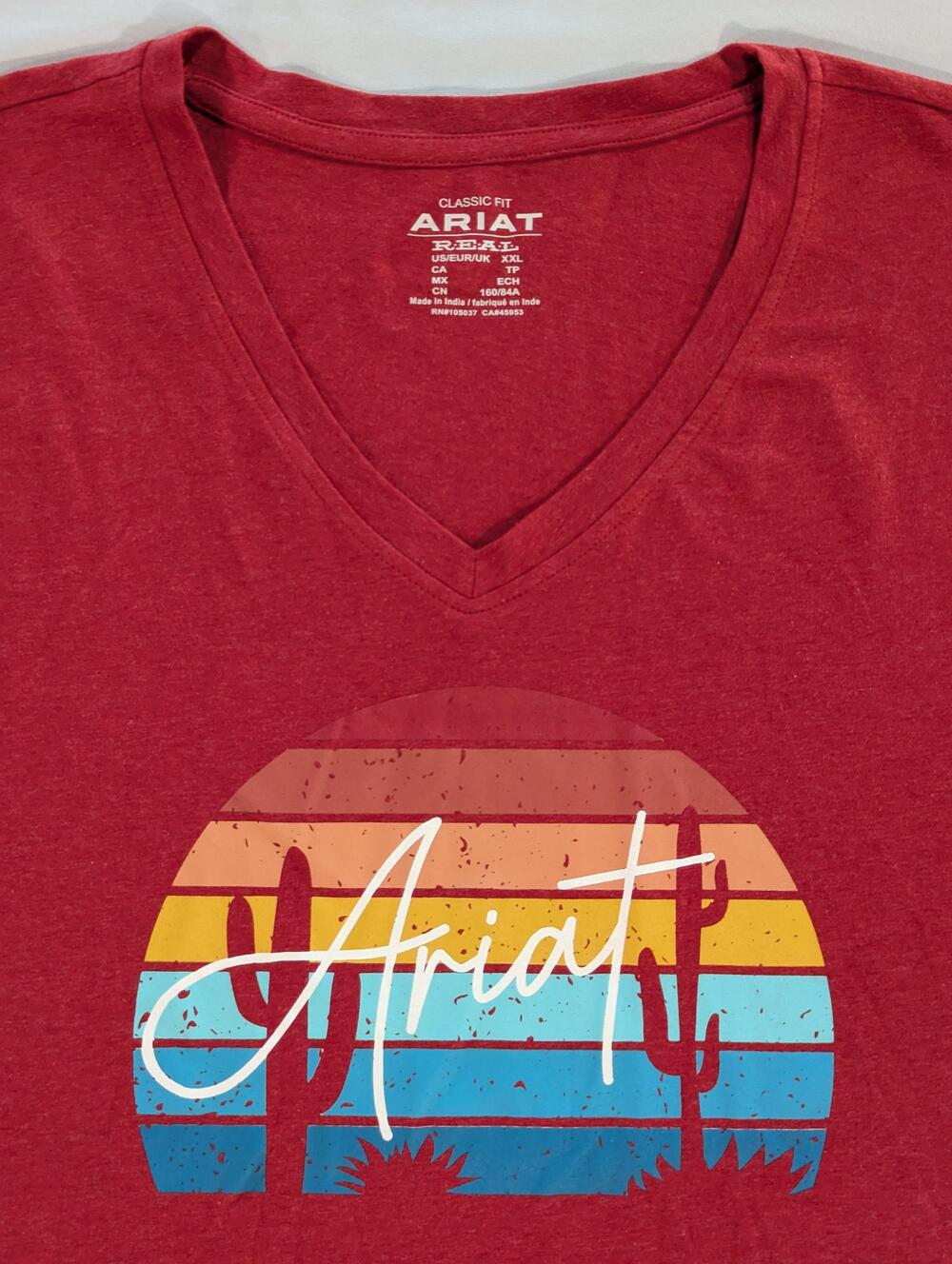 Ariat REAL Shirt Womens 2XL Red V-Neck Short Sleeve Cactus Sunset Western Tee
